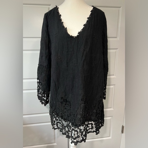 Black Embroidered Tunic Dress‎ Crochet Lace Trim Long Sleeve Bohemian - Picture 1 of 10